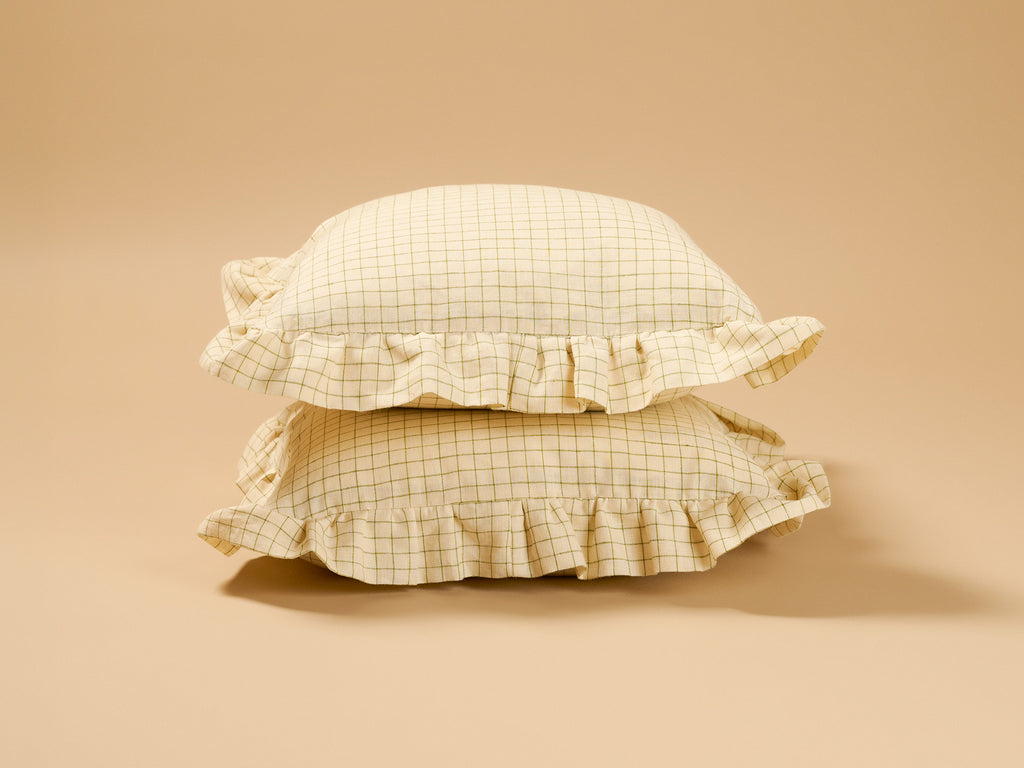 Rose Cumming Windowpane Check Ruffle Square Cushion, Green