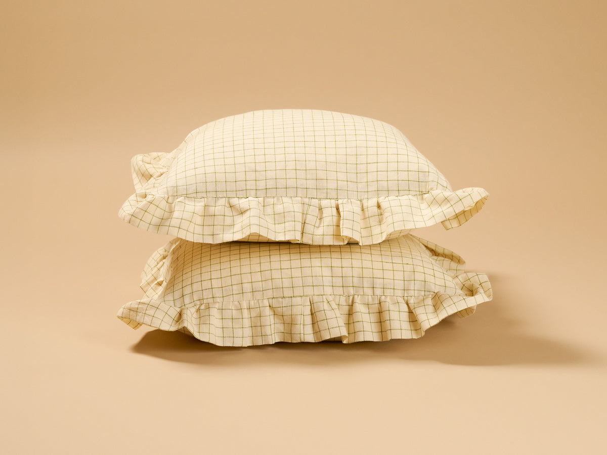 Rose Cumming Windowpane Check Ruffle Square Cushion, Green
