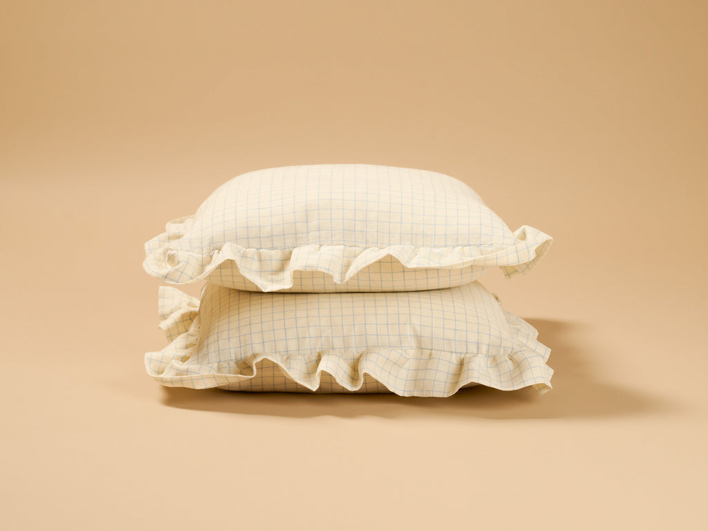 Rose Cumming Windowpane Check Ruffle Square Cushion, Blue