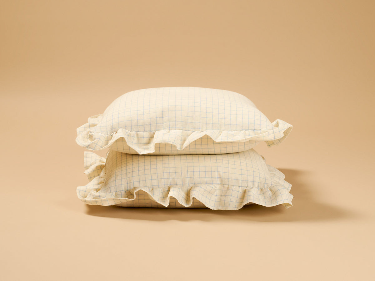 Rose Cumming Windowpane Check Ruffle Square Cushion, Blue